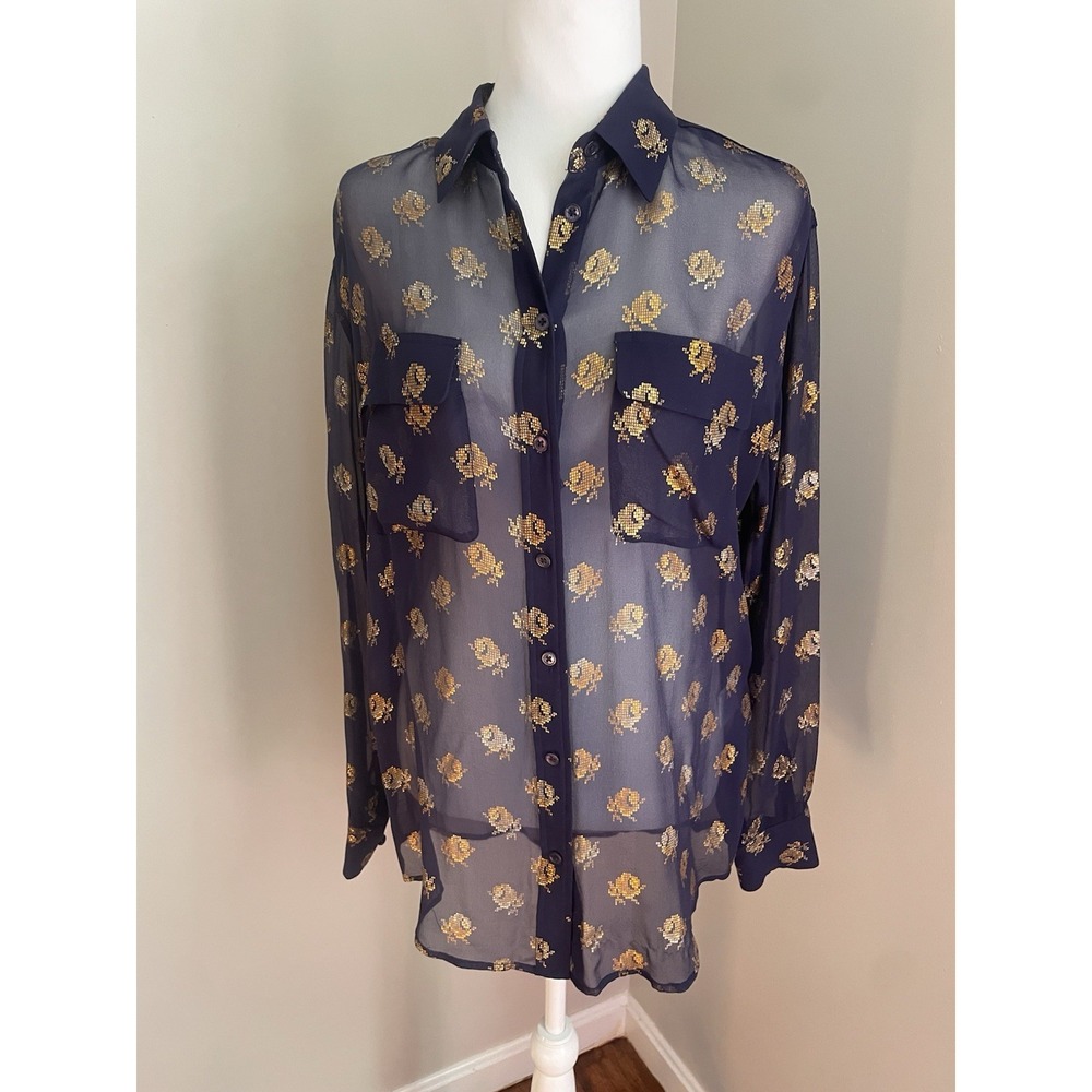 Equipment Femme Women S Silk Button Shirt Navy Blue Gold Digital Rose‎ Sheer Top